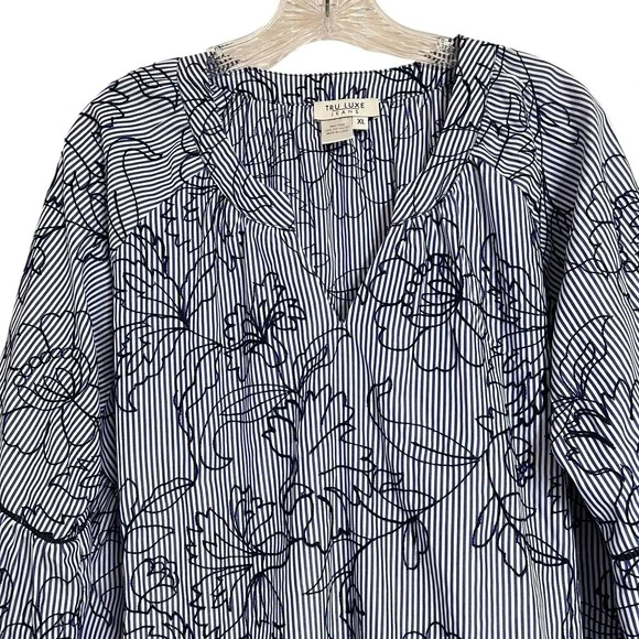 Tru Luxe Jeans XL Top Striped Floral Embroidered Pullover Boho-Chic Blouse - Picture 3 of 14